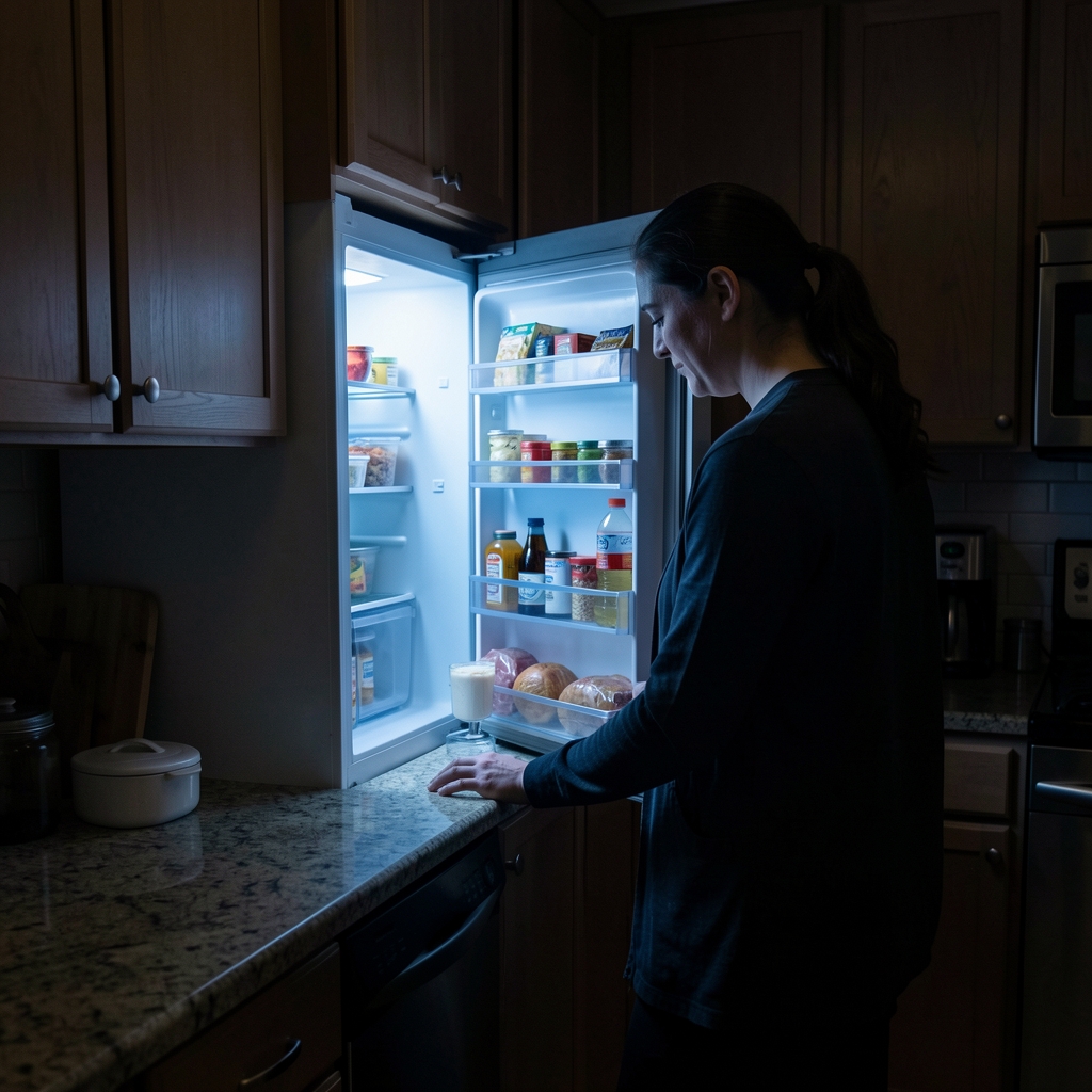 Dimly lit kitchen at night, open fridge casting blue light on a person's silhouette, representing night-time eating and food seeking without physical hunger