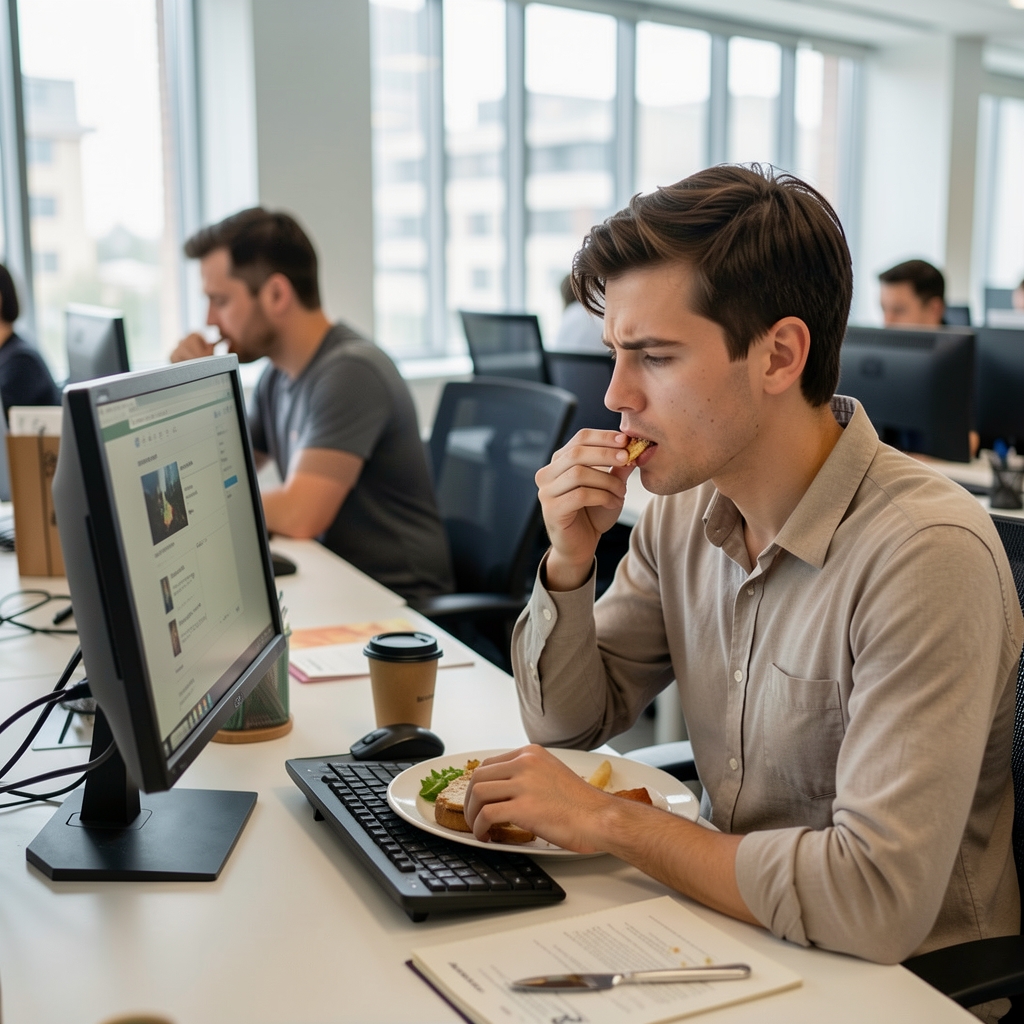 Busy office worker eating lunch at a computer screen, distracted, food barely noticed, representing distracted eating and eating pace research