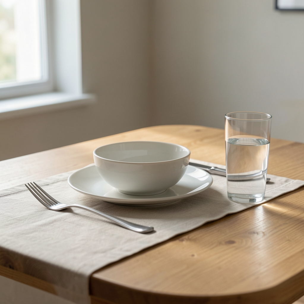 A simply laid table set for one person with a bowl and glass of water, no devices present, representing attentive undistracted eating environment with natural side light